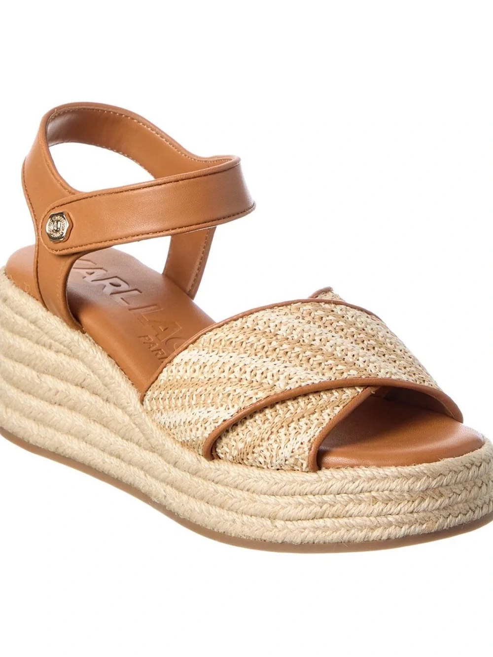 Karl Lagerfeld Tan Leather and Natural Woven Espadrille Wedge